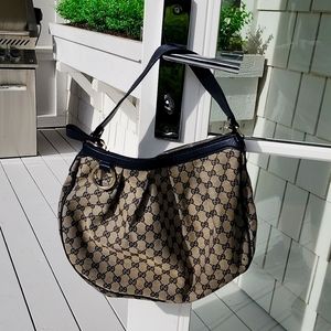 Womens Leather & Jacquard Purse Handbag GG Navy & Khaki